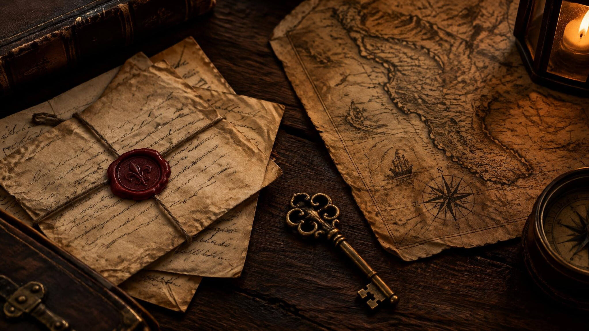 Old handwritten letters and an aged map on a wooden table