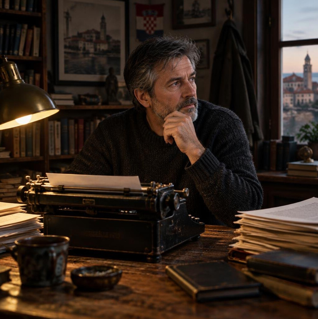 Croatian mystery writer sitting at an old wooden desk with a typewriter