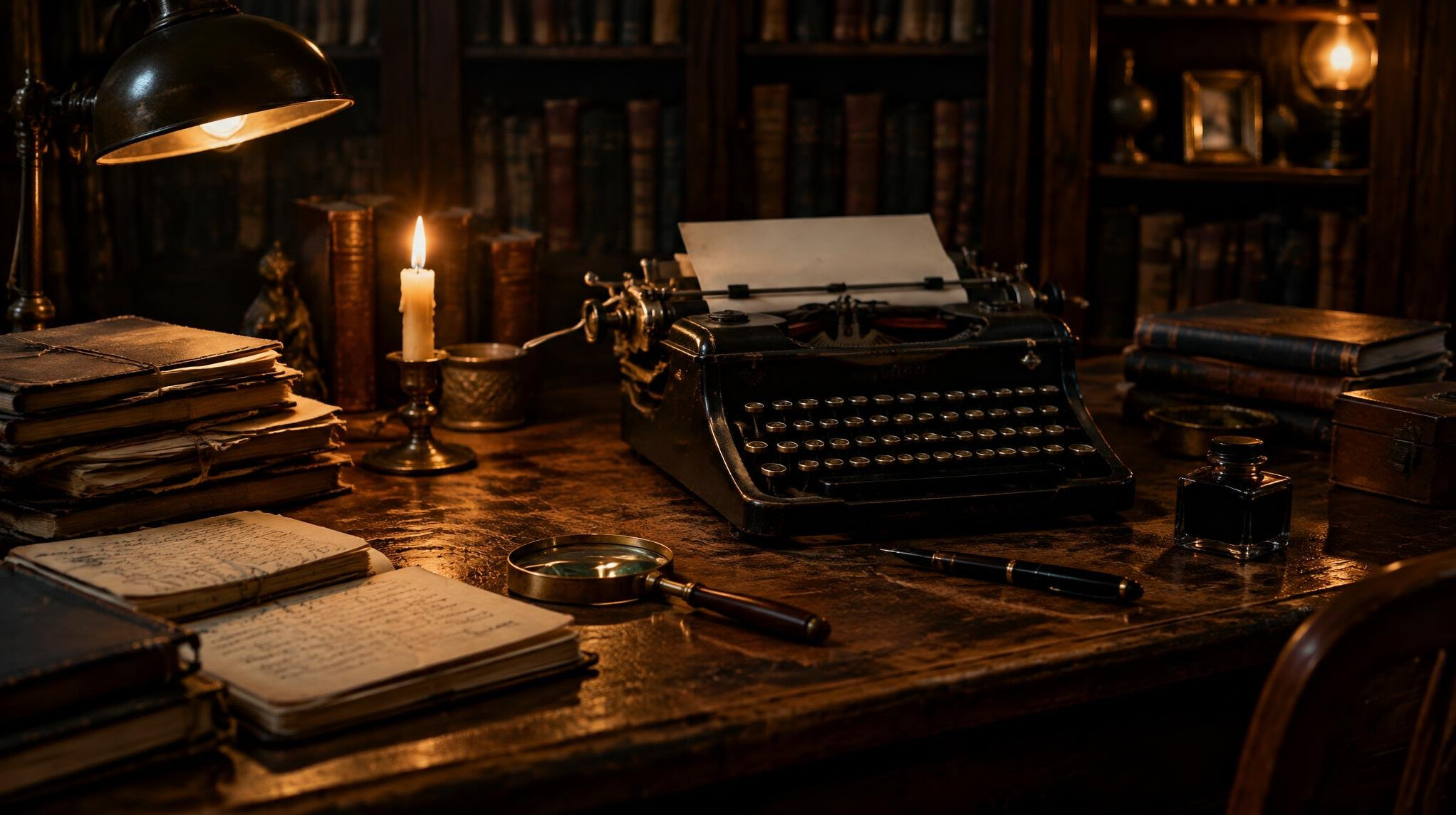Old wooden writer's desk with typewriter, notebooks and a lit candle